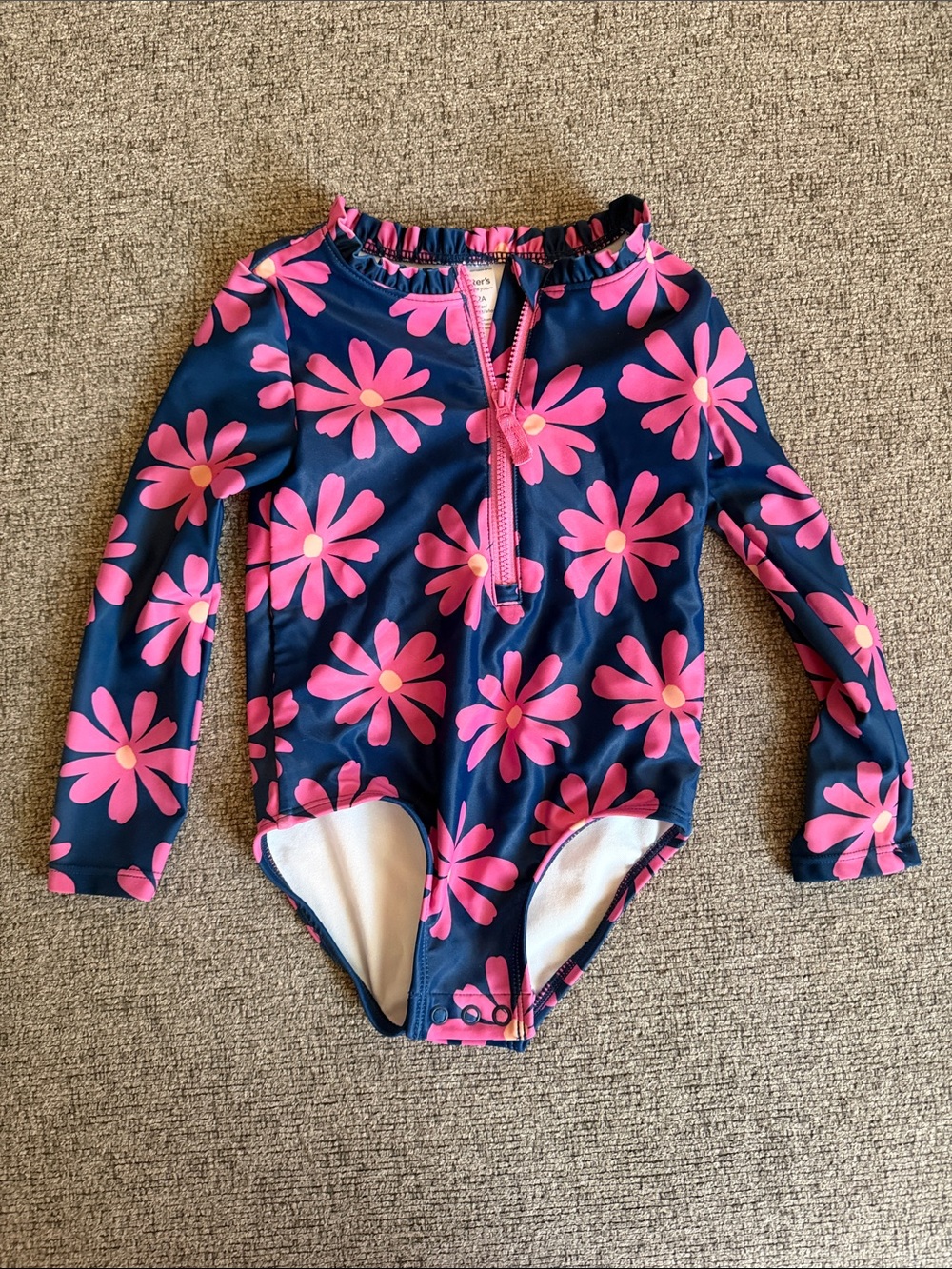 Carter's Navy Long-Sleeve One-Piece with Pink Daisy Print